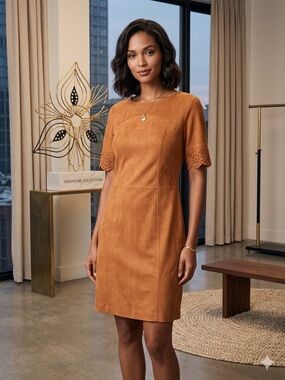 Short Sleeve Suede-Look Mini Dress in Caramel